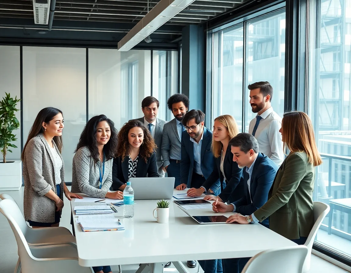 A diverse team of professionals collaborating around a table in a modern office.