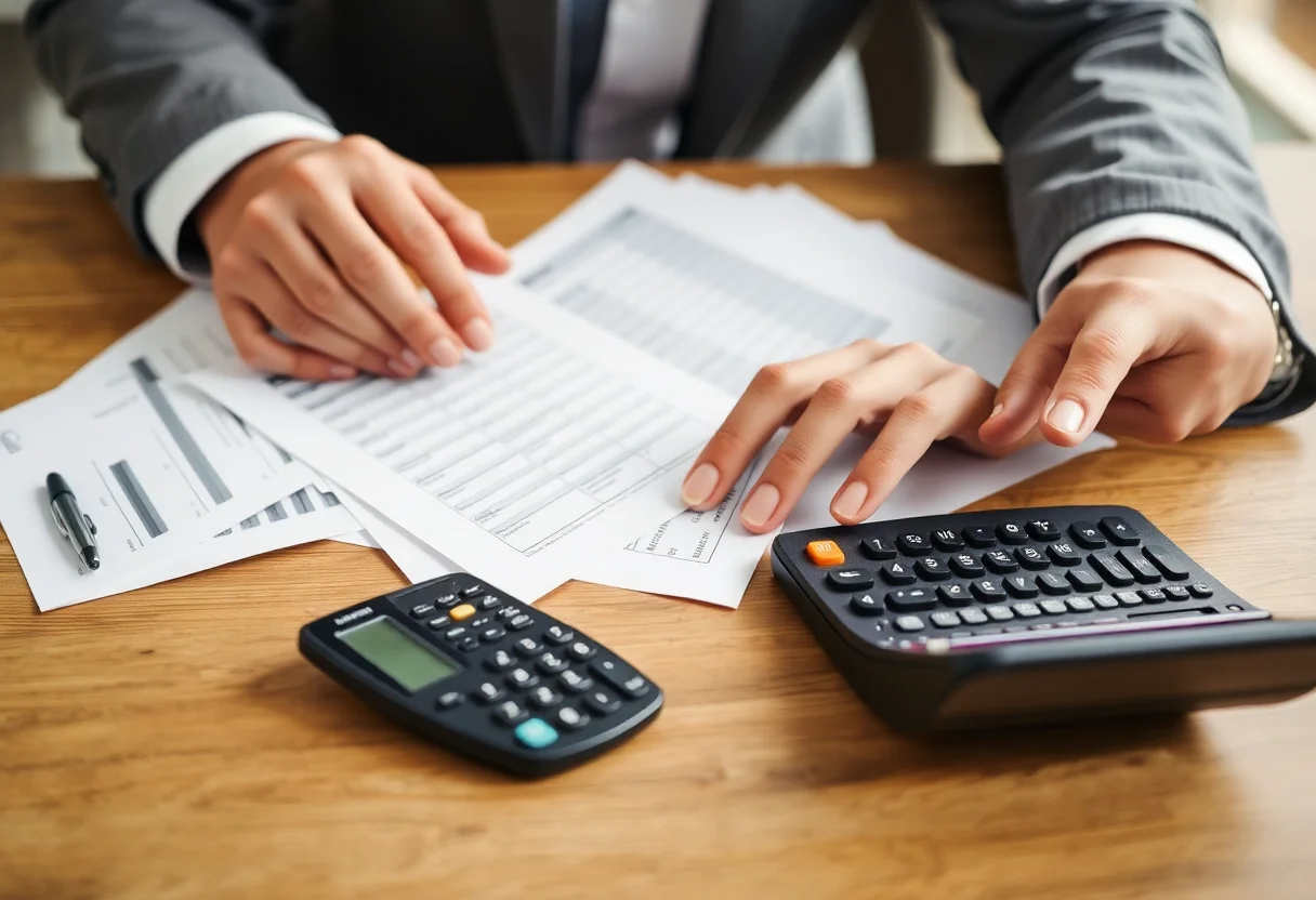 A person carefully organizing financial documents and using a calculator, representing debt consolidation.