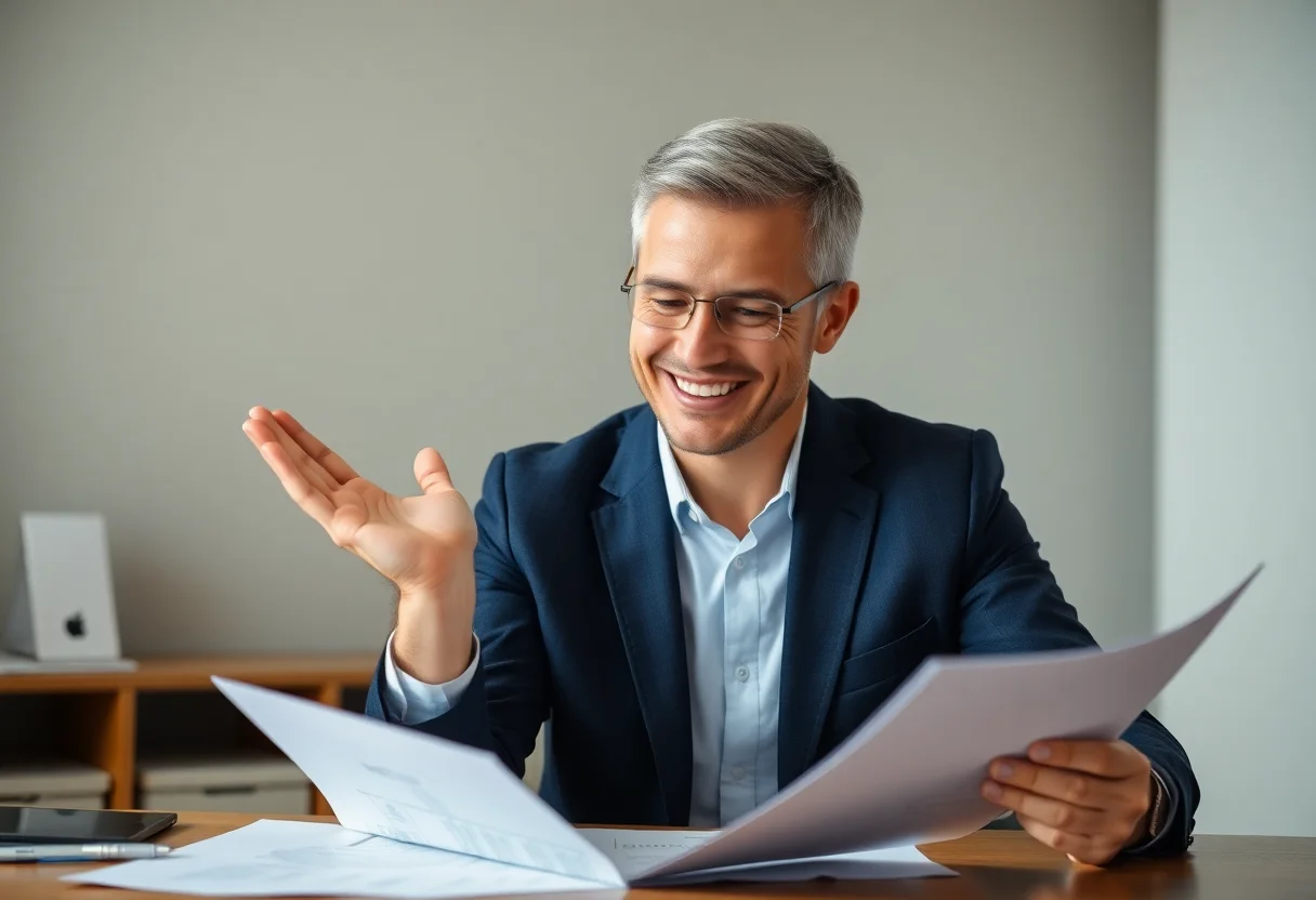 A smiling person reviewing financial documents at a desk, feeling relieved.