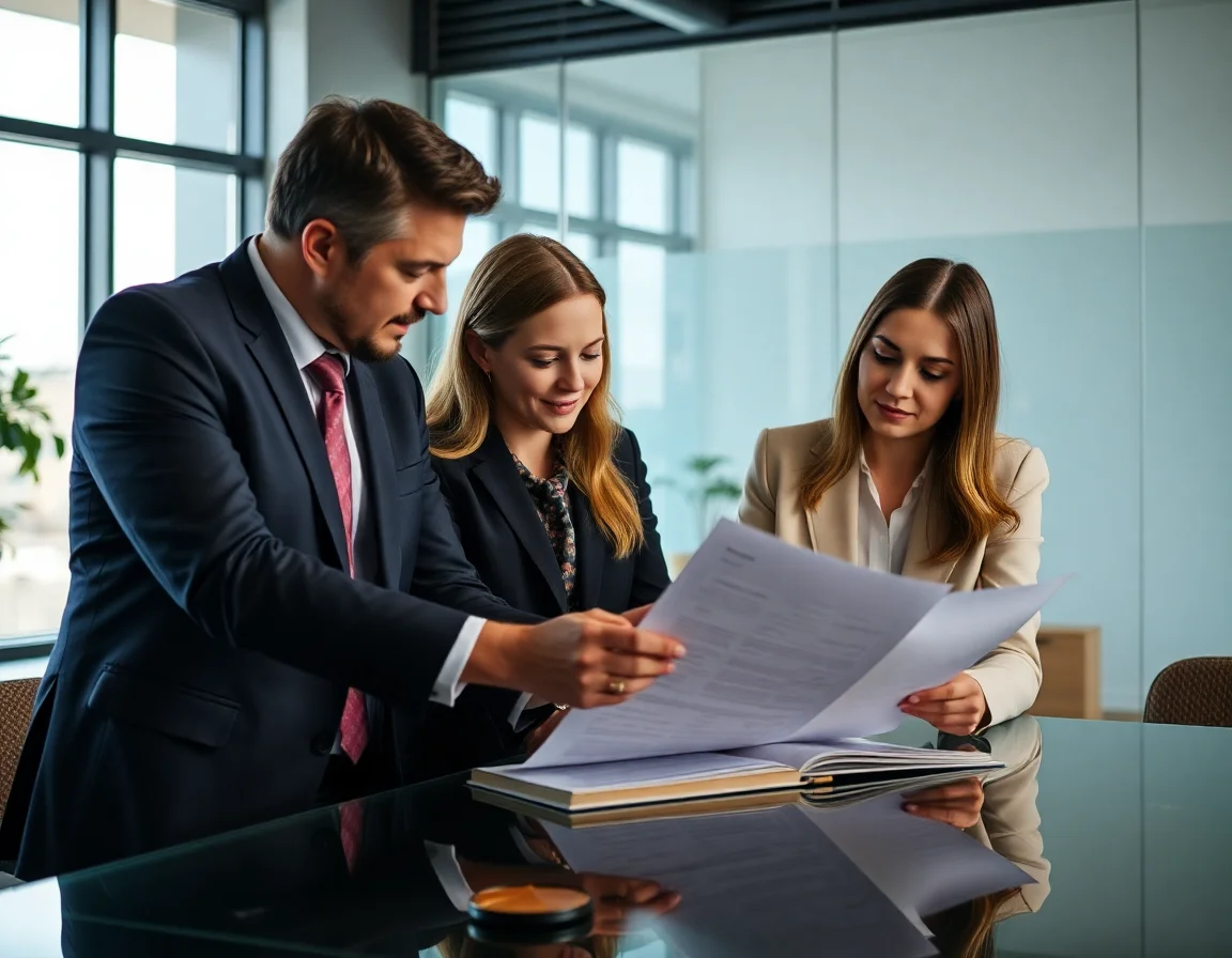 Professional team collaborating on a legal document in a modern office.