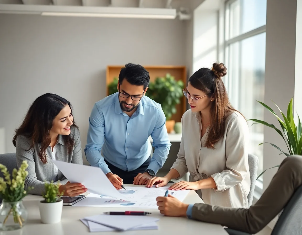 Team collaborating on a financial plan in a bright office.