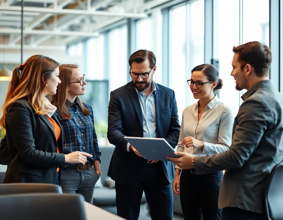 Team collaborating on data security strategy in a modern office.